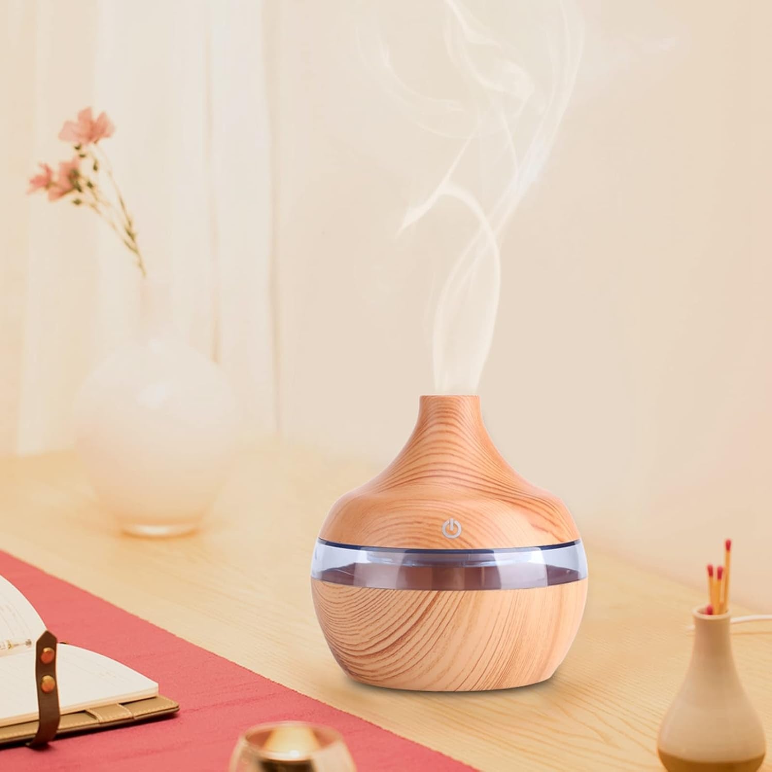 Wood Grain Aromatherapy Essential Oil Diffuser with Time Delay, USB LED Touch Air Humidifier Purifier, Decorative 300Ml Vase Cool Mist Magic 7 Colors LED Night Light