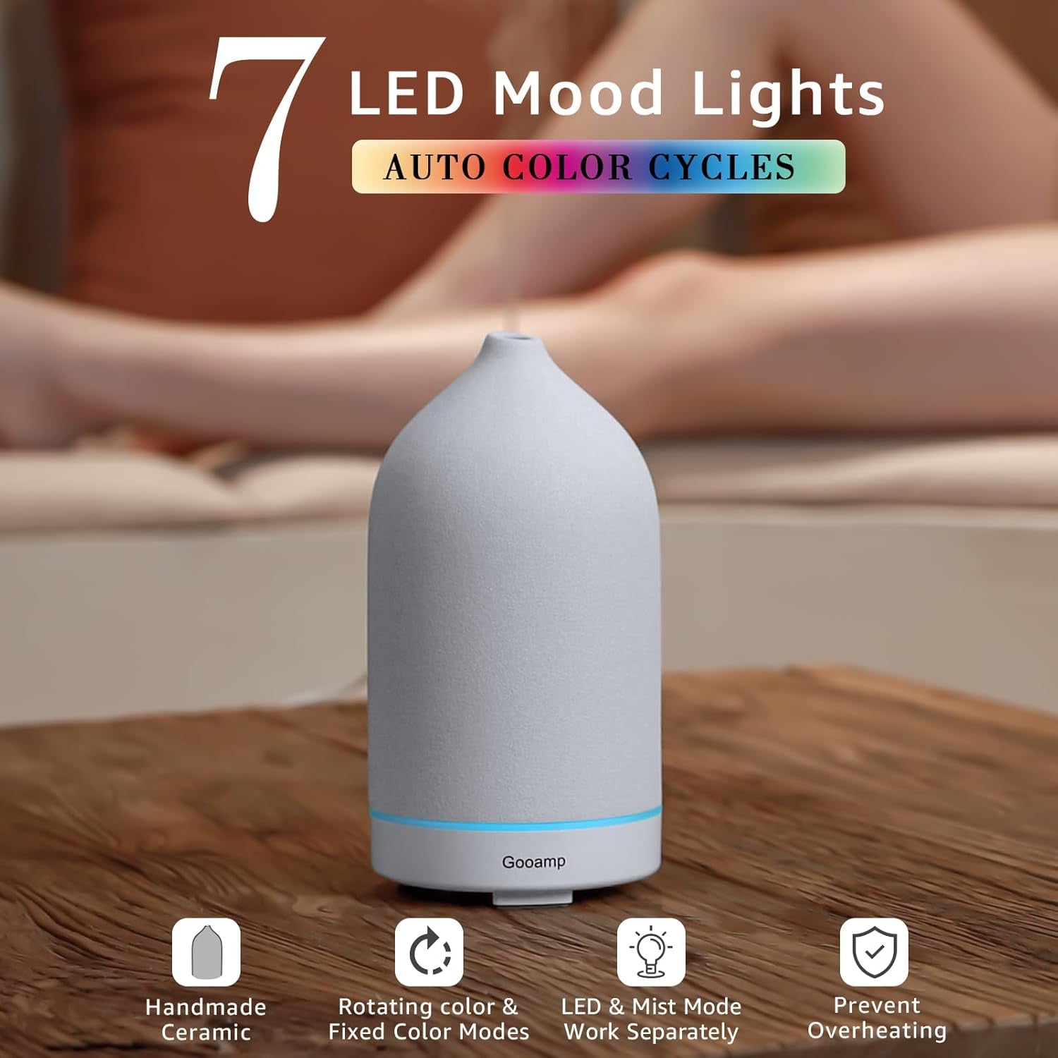 200ML Ceramic Diffuser,Aromatherapy Diffuser,Essential Oil Diffuser with 7 Color Lights Auto Shut off for Home Office Room, White Base (1/3/6/ON Hrs Working Time)