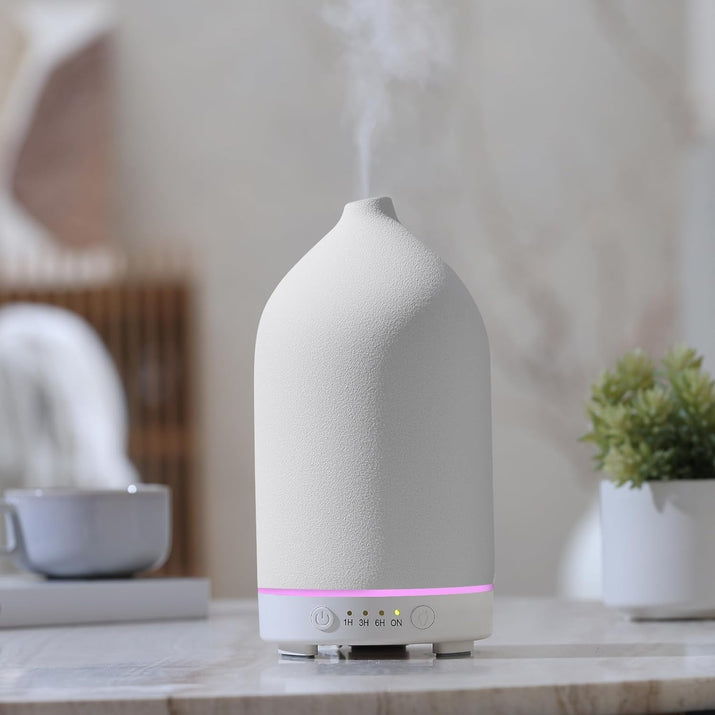 200ML Ceramic Diffuser,Aromatherapy Diffuser,Essential Oil Diffuser with 7 Color Lights Auto Shut off for Home Office Room, White Base (1/3/6/ON Hrs Working Time)