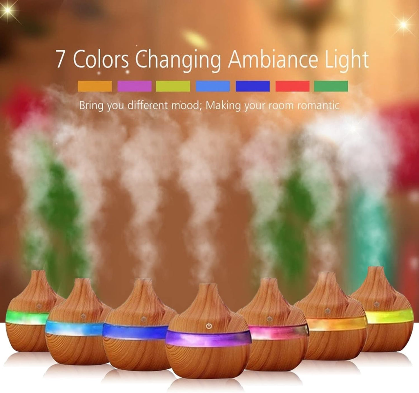 Wood Grain Aromatherapy Essential Oil Diffuser with Time Delay, USB LED Touch Air Humidifier Purifier, Decorative 300Ml Vase Cool Mist Magic 7 Colors LED Night Light