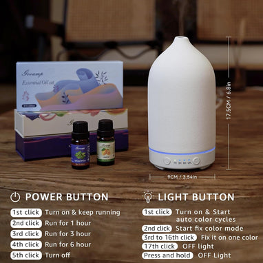 200ML Ceramic Diffuser,Aromatherapy Diffuser,Essential Oil Diffuser with 7 Color Lights Auto Shut off for Home Office Room, White Base (1/3/6/ON Hrs Working Time)