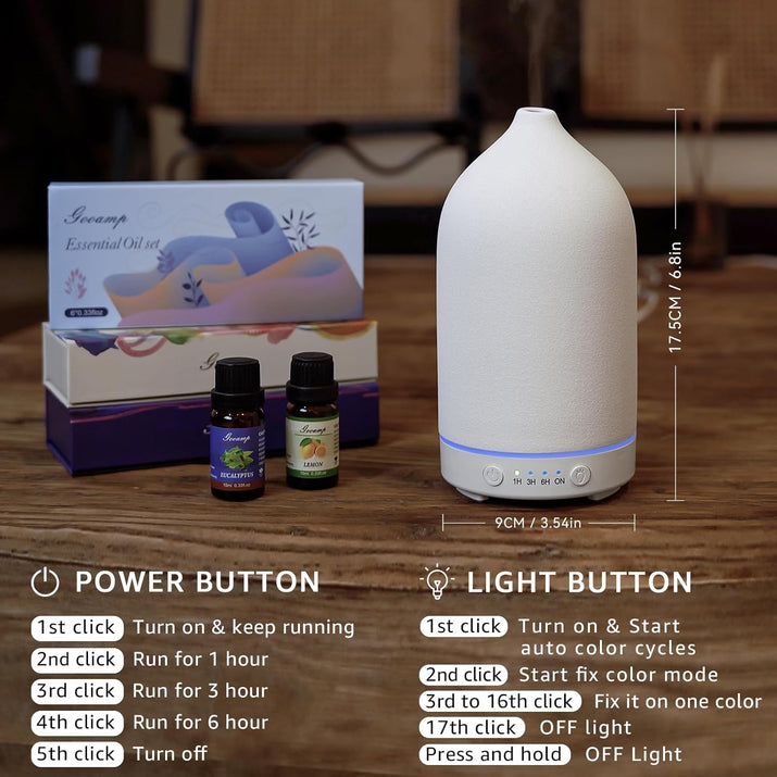 200ML Ceramic Diffuser,Aromatherapy Diffuser,Essential Oil Diffuser with 7 Color Lights Auto Shut off for Home Office Room, White Base (1/3/6/ON Hrs Working Time)