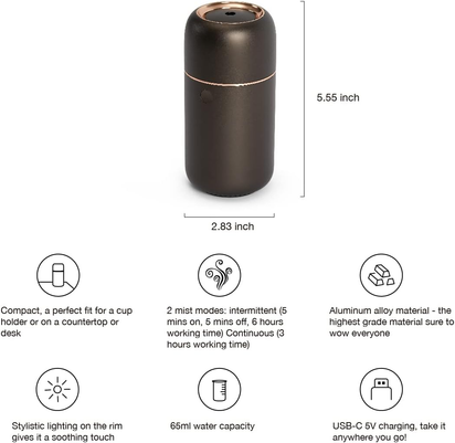 Premium Cordless Essential Oil Diffuser (Space Grey) |  Chic Aluminum Alloy Luxury Diffuser Humidifier | 65Ml Capacity, 3 Lighting Modes, Rechargeable, Battery Powered, Portable