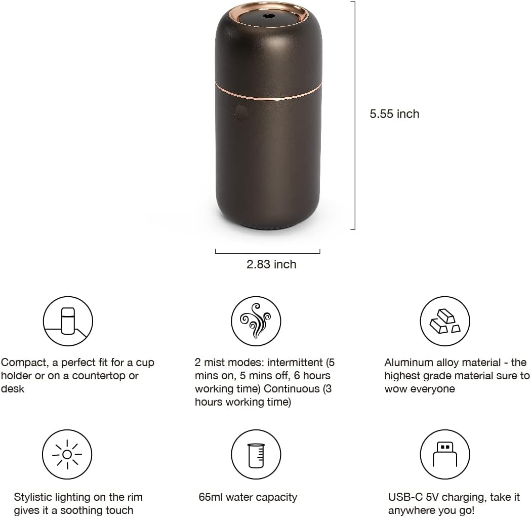 Premium Cordless Essential Oil Diffuser (Space Grey) |  Chic Aluminum Alloy Luxury Diffuser Humidifier | 65Ml Capacity, 3 Lighting Modes, Rechargeable, Battery Powered, Portable